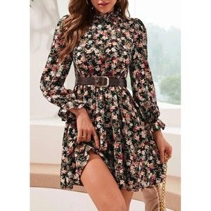 Shein Women's Dress Trapeze Floral Long Sleeve Size Medium Black